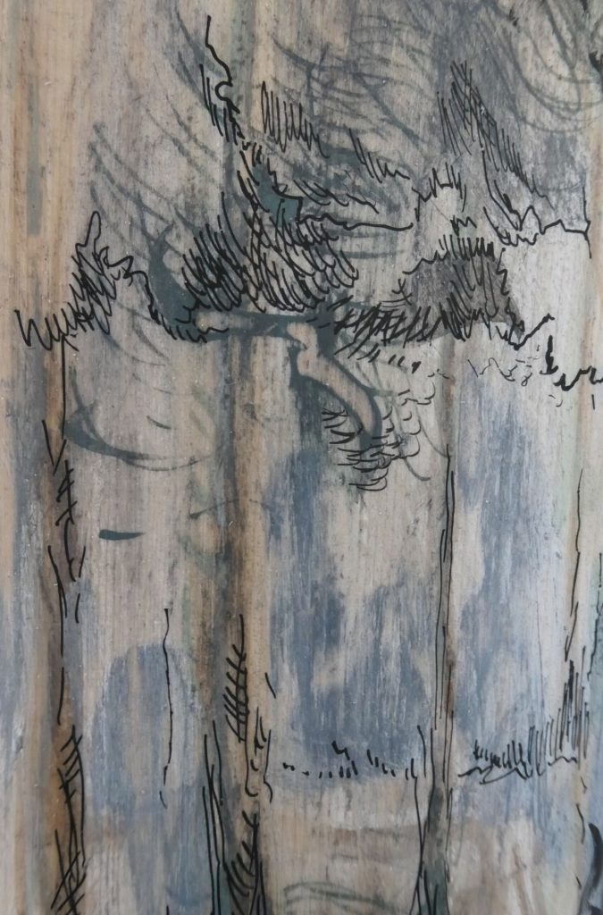 détail "Forêts" à la détrempe à l'oeuf sur bois du nord, peint par Albane Paillard-Brunet artsite peintre plasticienne
