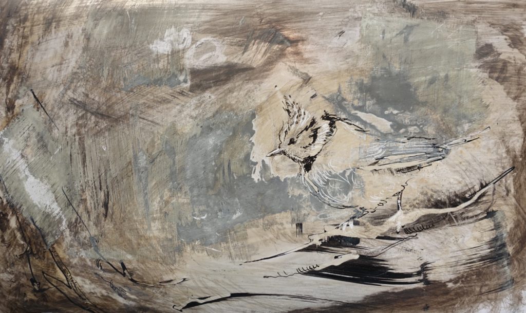 "le murmure de la mésange huppée" est un dessin à la fois graphique et pictural (techniques mixtes sur papier) dessiné par AlbanePaillard-Brunet, artiste peintre plasticienne