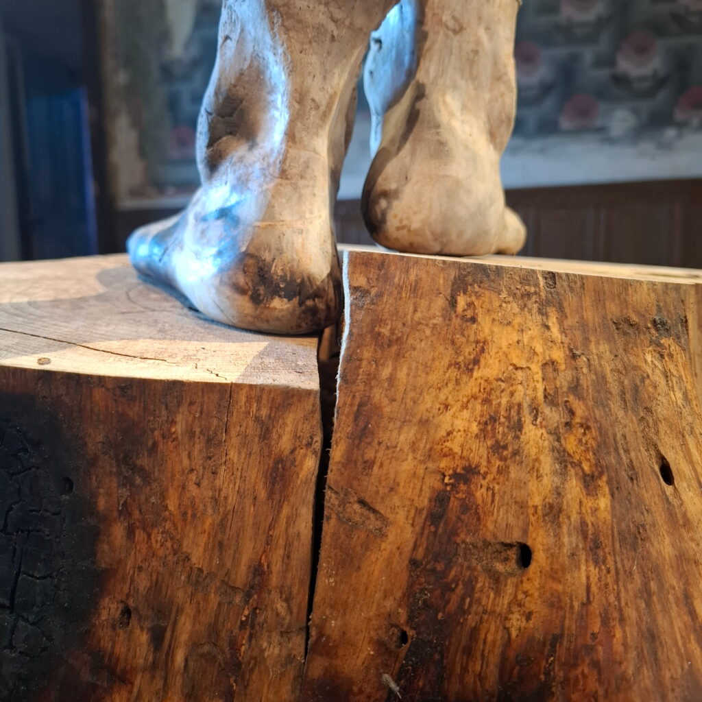 Détail de pieds en céramique, terre polie enfumée, sur souche d'arbre pour l'installation Ancrage, Isère, 2025 par Albane Paillard-Brunet