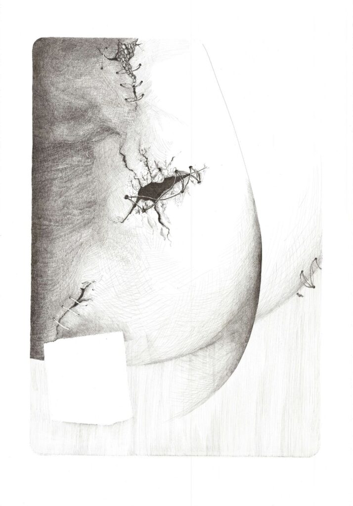 Dessin de goutte de terre recousue par Albane Paillard-Brunet